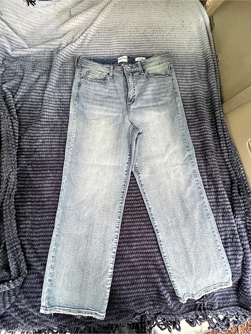 FRAYED High Rise Ankle Straight Leg Jeans in Blue Waist 31